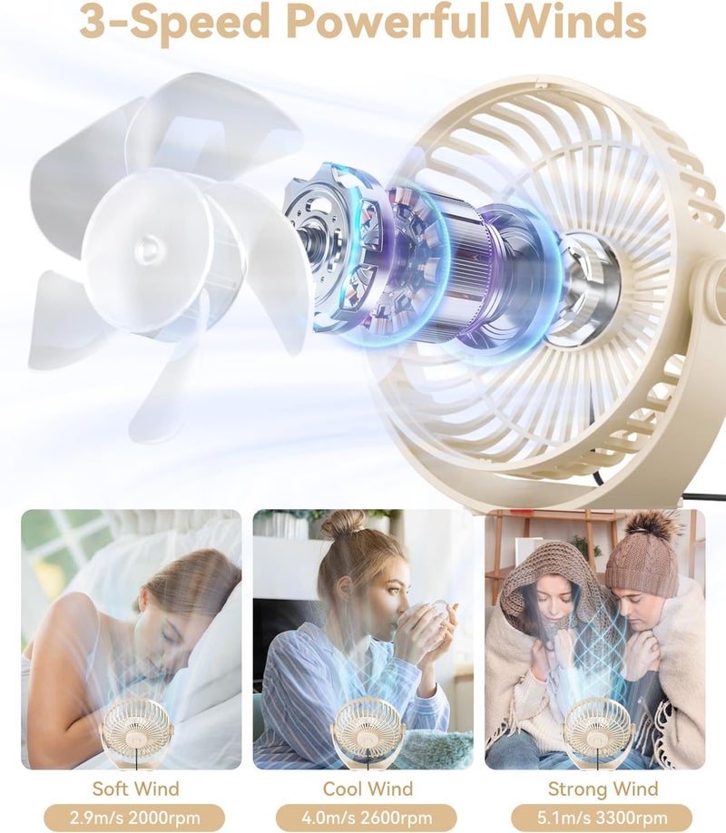 Edvision USB Desk Fan, 5 Inch Mini Portable, 3 Speeds Strong Airflow Personal Desktop, Detachable Cooling Fan 360° Rotation Quiet Small Fan for Desk Home Office Travel Car, Beige, 5ft Cable - Image 2